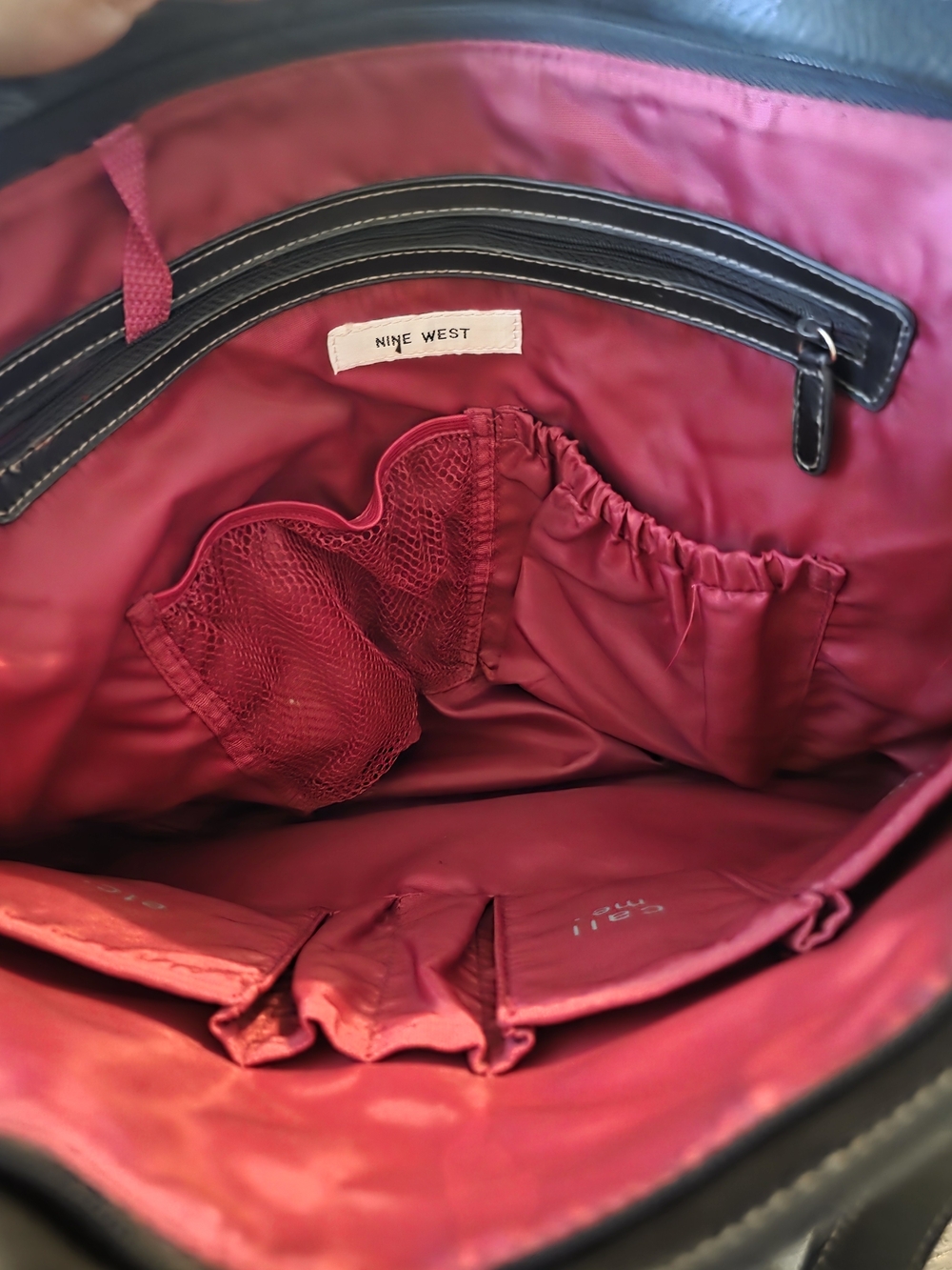 Nine West Black Leather Tote with Magenta Interior, 14inch Lenhth × 18 Inch Wide